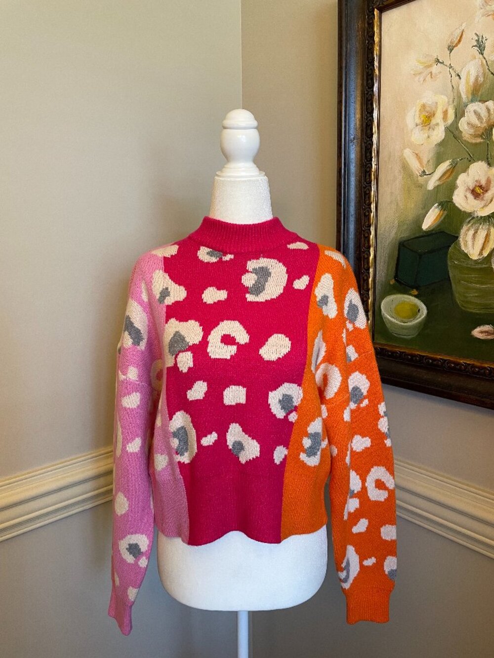 THML Light Pink, Magenta, and Orange Sweater with Cheetah Print Size S NWT